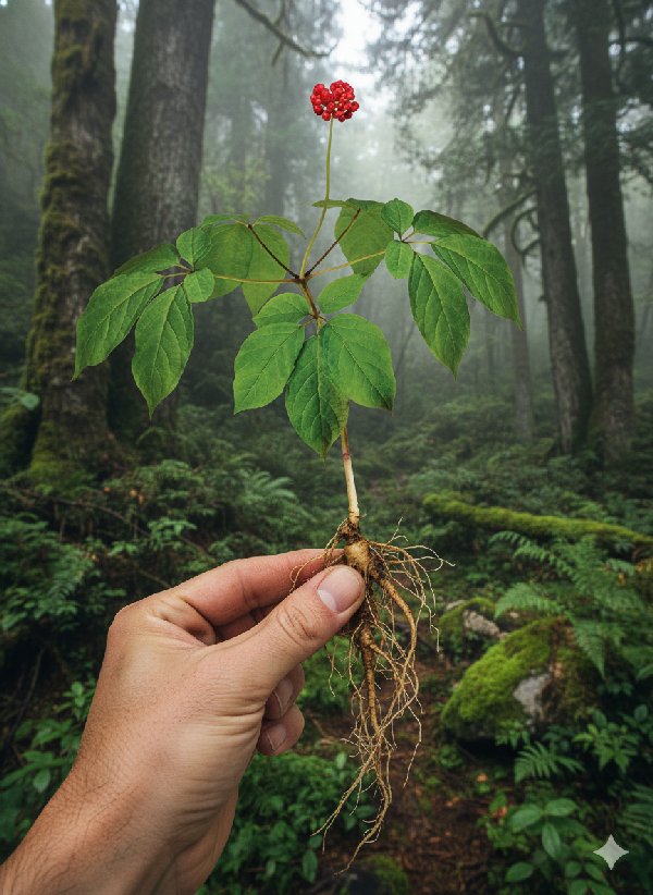 산양삼 식물학적 그림 - 뿌리와 잎