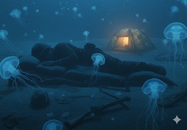 전쟁터에서 평화롭게 잠든 군인의 실루엣